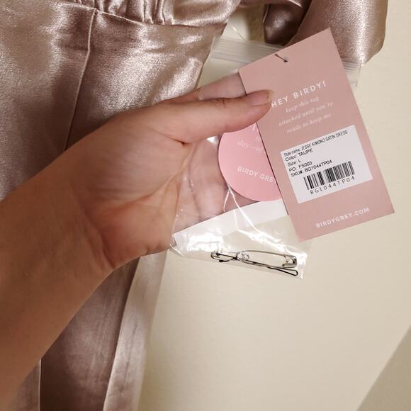 NWT BIRDY GREY Satin Champaign Bridesmaid Jesse Kimono Taupe Dress Formal Gown - Picture 6 of 13